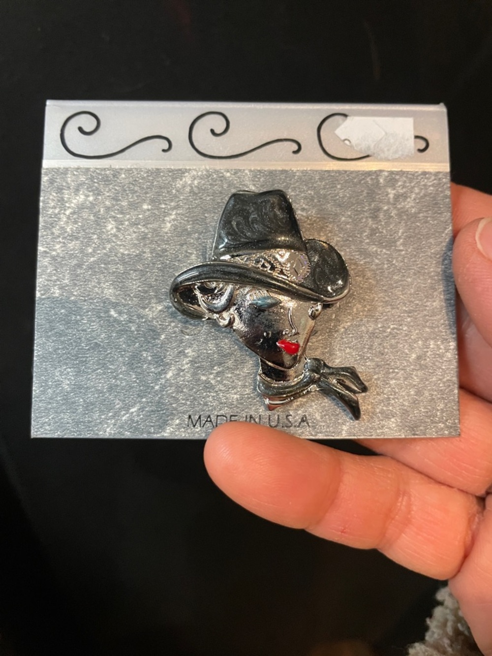 Silver cowgirl with Black Hat Lapel Pin Brooch - Made in USA